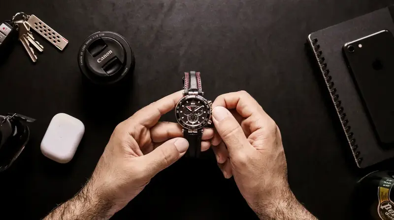 A Evolução do Setor de Relógios: Da Tradição à Inovação. Como os relógios mobilizam a GenZ - Mesa de escritório com homem ajustando a hora no seu relógio de pulso de ponteiros.