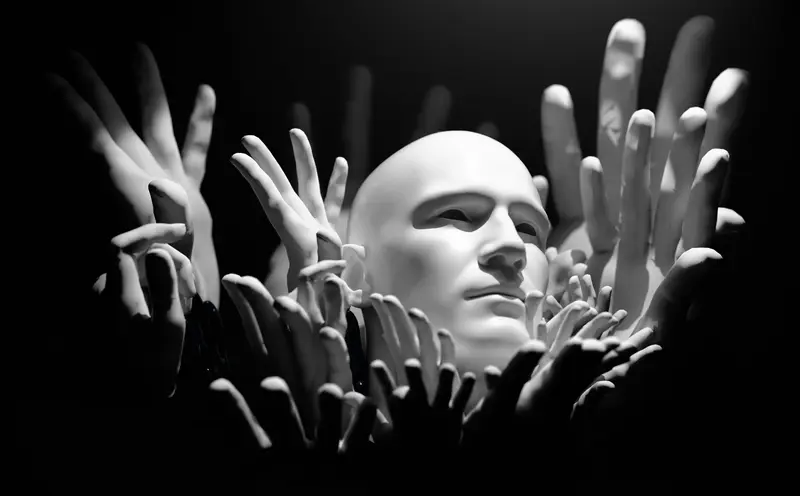 Estátua de gesso, com cabeça, e mãos em torno, retratando profissionais de marketing. Foto em PB